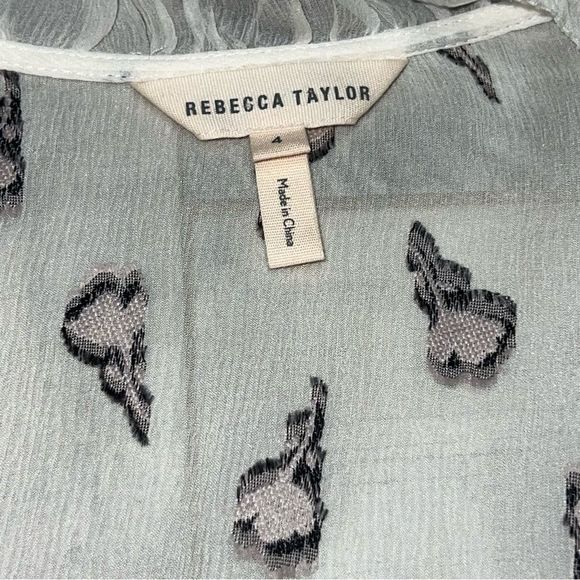 Rebecca Taylor Boho 100% Silk Chiffon Ruffle Ivory Black Floral Peasant Top S - Picture 11 of 16